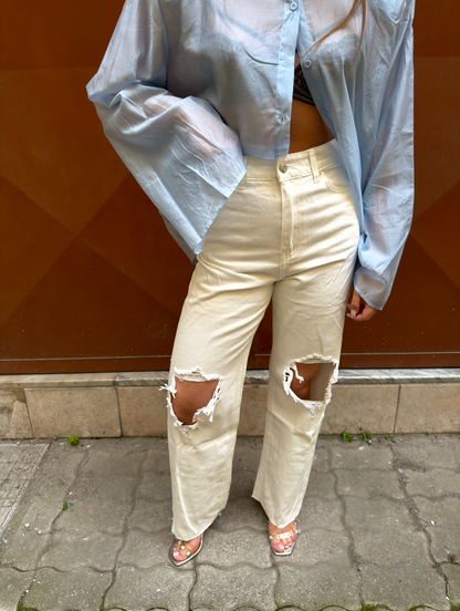 Jeans strappi cream