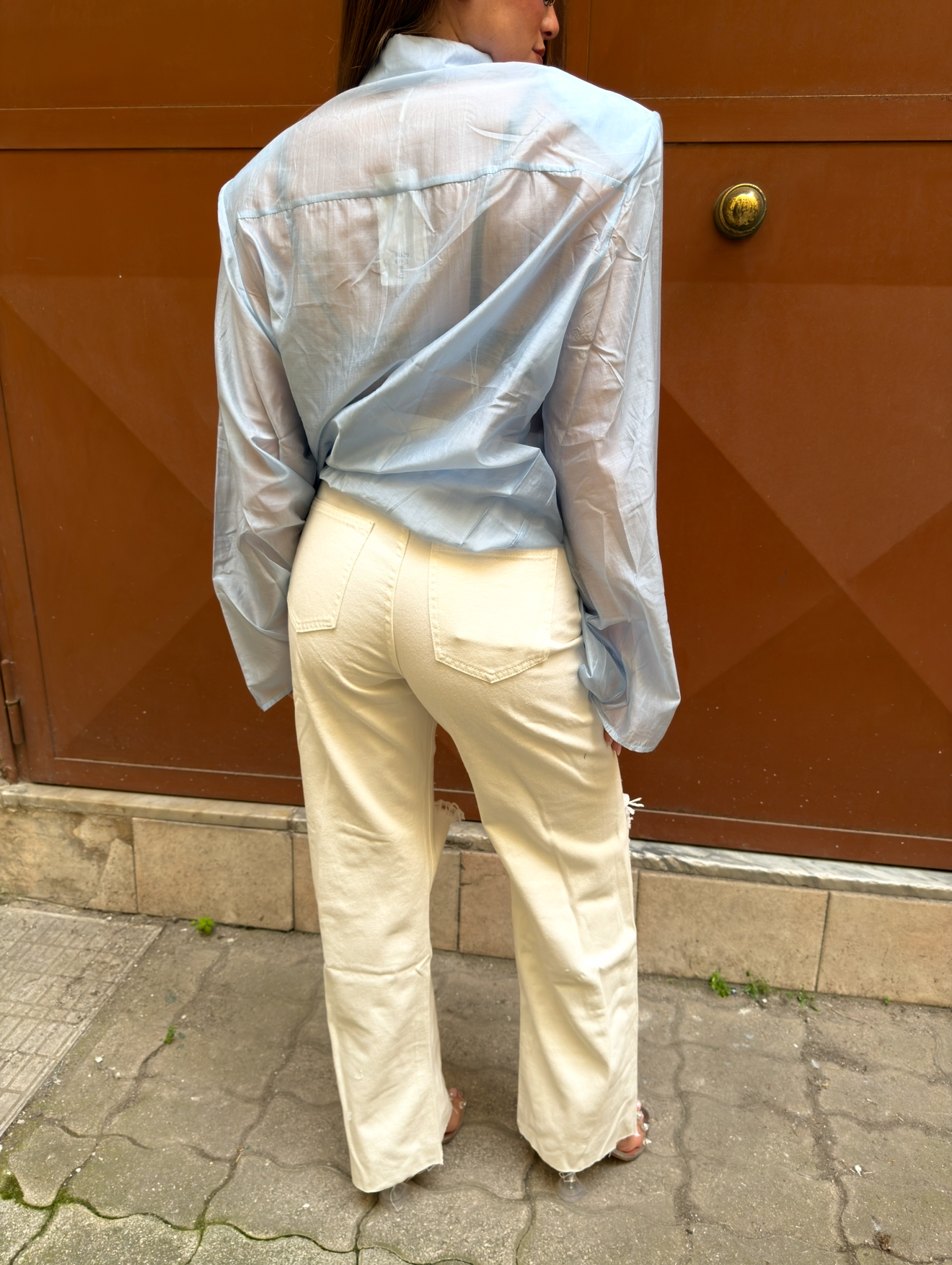 Jeans strappi cream